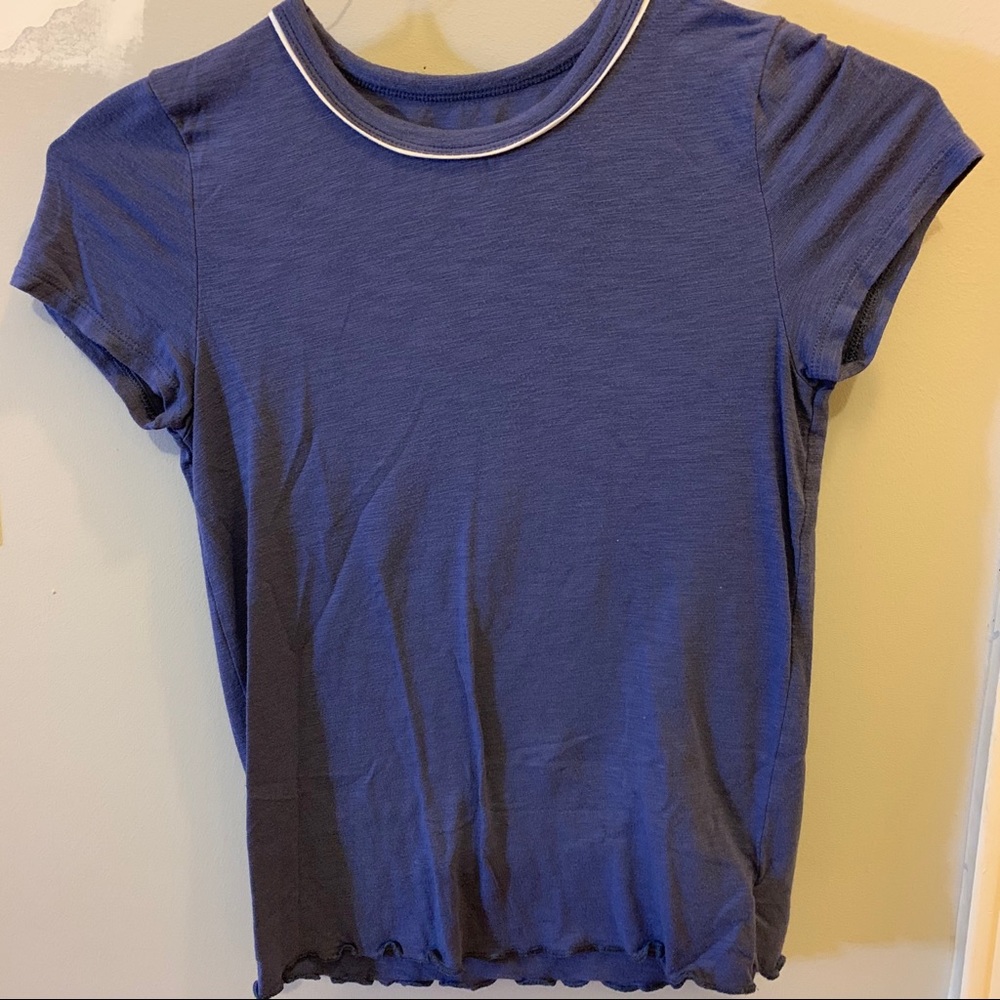 blue short sleeve shirt, with white stripe